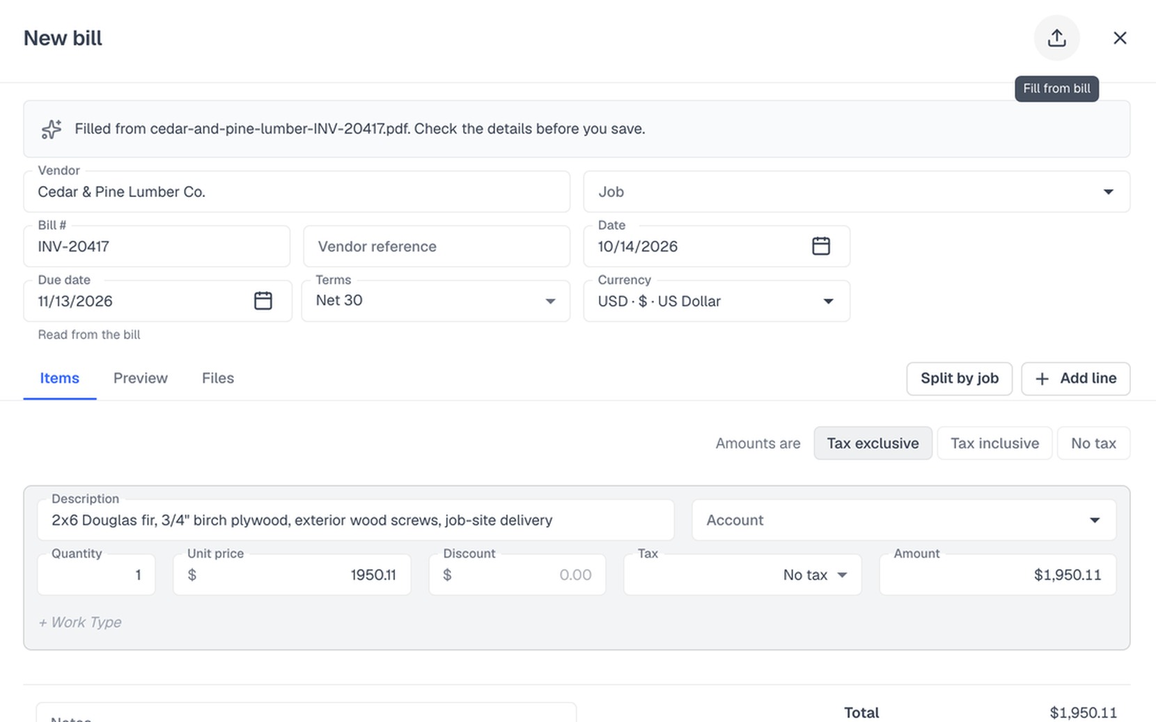 Drop in a supplier’s PDF. The bill fills itself in.